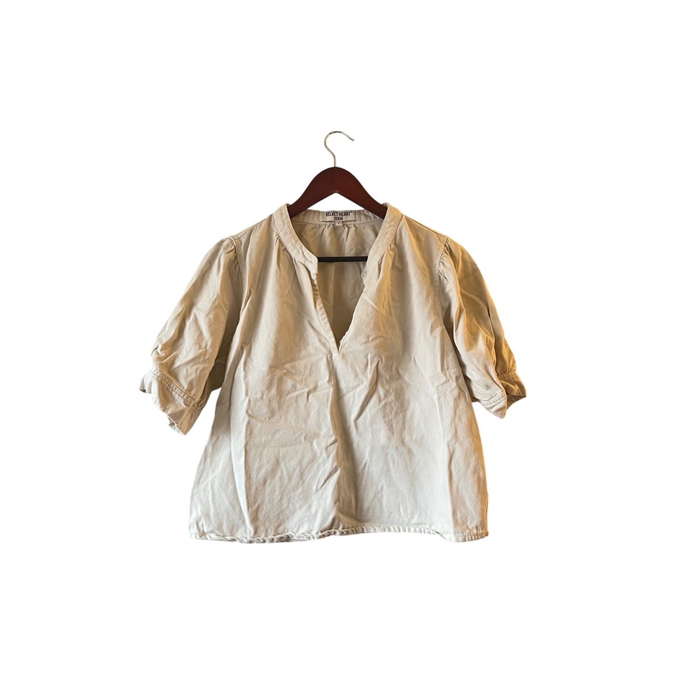 Velvet Heart Denim Beige Puff Sleeve Split Neck Top Cotton Tencel Size M